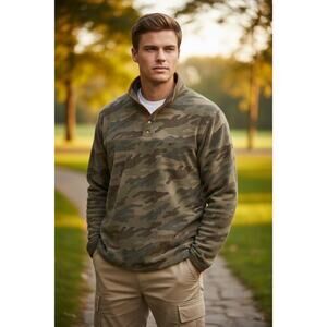 JACHS New York Camo Fleece Pullover Snap Button Mock Neck Outdoor Jacket